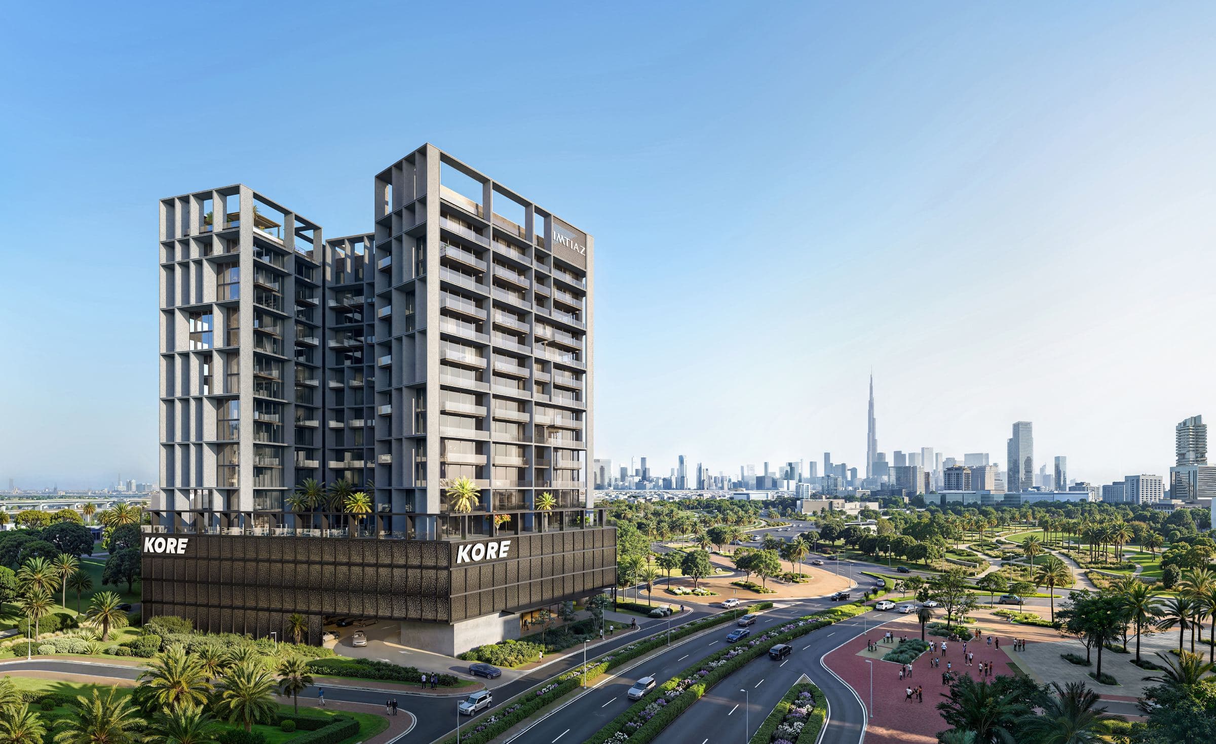 KORE by Imtiaz — aerial view of the wellness residence in Dubai Land Residence Complex at dusk