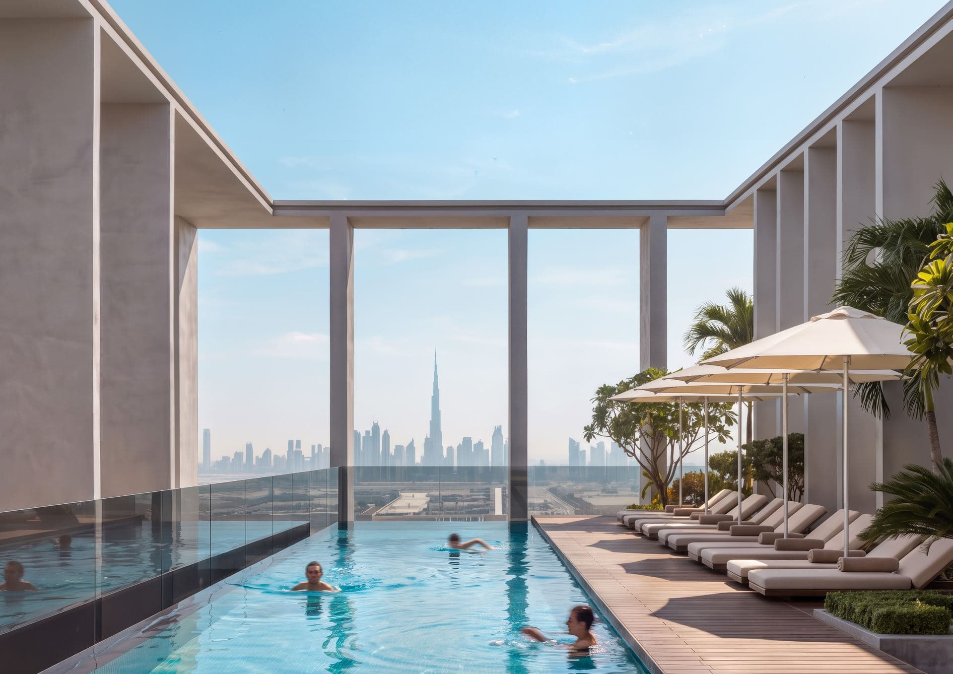Rooftop pool at KORE with Dubai skyline views — vitamin daylight